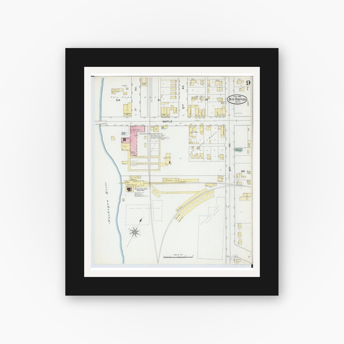 Old map wall art mockup — black gallery frame with white mat — Sanborn Fire Insurance Map from Big Rapids, Mecosta County, Michigan (1892), Sheet #0009