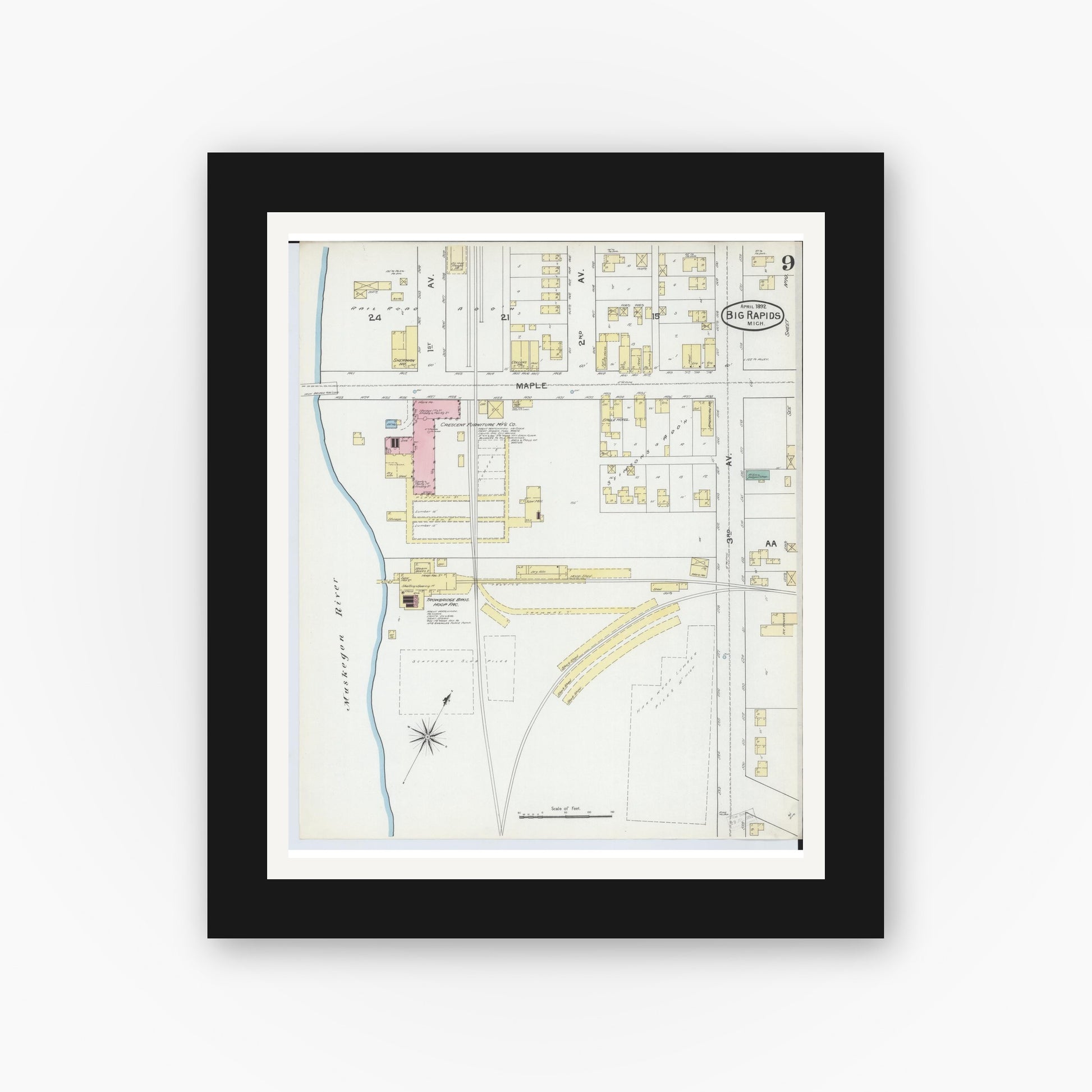 Old map wall art mockup — black gallery frame with white mat — Sanborn Fire Insurance Map from Big Rapids, Mecosta County, Michigan (1892), Sheet #0009