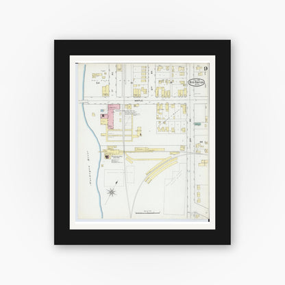 Old map wall art mockup — black gallery frame with white mat — Sanborn Fire Insurance Map from Big Rapids, Mecosta County, Michigan (1892), Sheet #0009