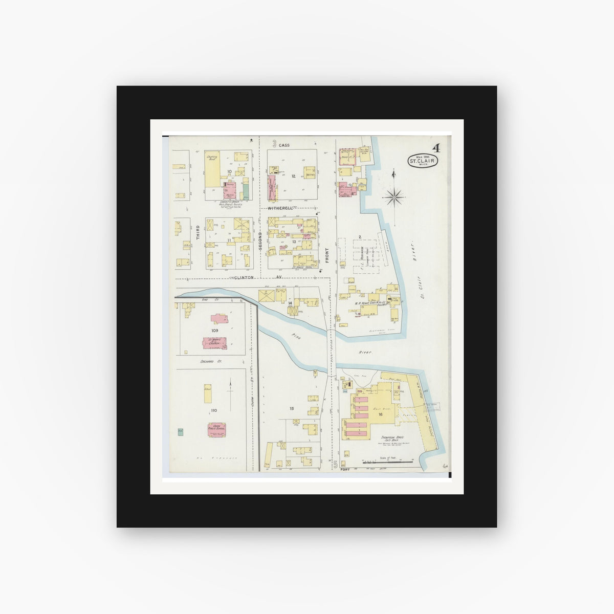 Old map wall art mockup — black gallery frame with white mat — Sanborn Fire Insurance Map from Saint Clair, Saint Clair County, Michigan (1895), Sheet #0004