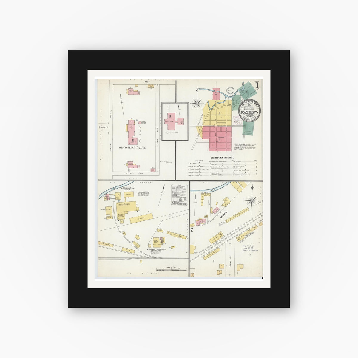 Old map wall art mockup — black gallery frame with white mat — Sanborn Fire Insurance Map from Mercersburg, Franklin County, Pennsylvania (1902) - Complete Map Set