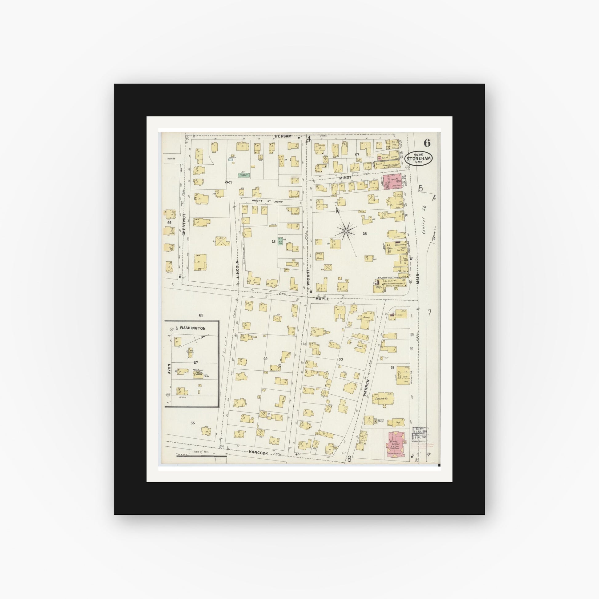Old map wall art mockup — black gallery frame with white mat — Sanborn Fire Insurance Map from Stoneham, Middlesex County, Massachusetts (1897), Sheet #0006
