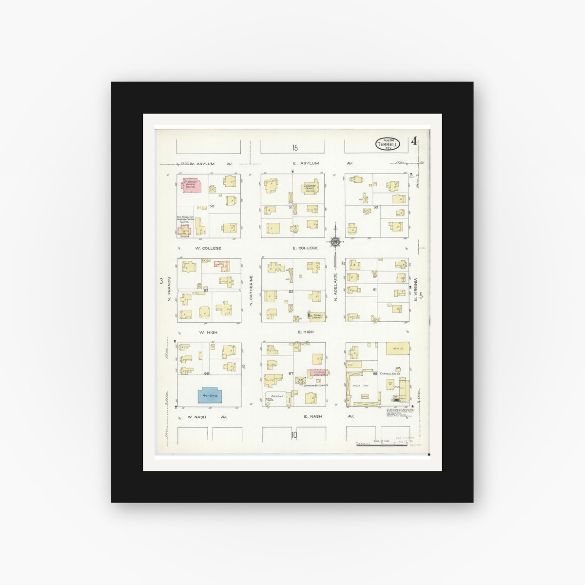 Old map wall art mockup — black gallery frame with white mat — Sanborn Fire Insurance Map from Terrell, Kaufman County, Texas (1914), Sheet #0004