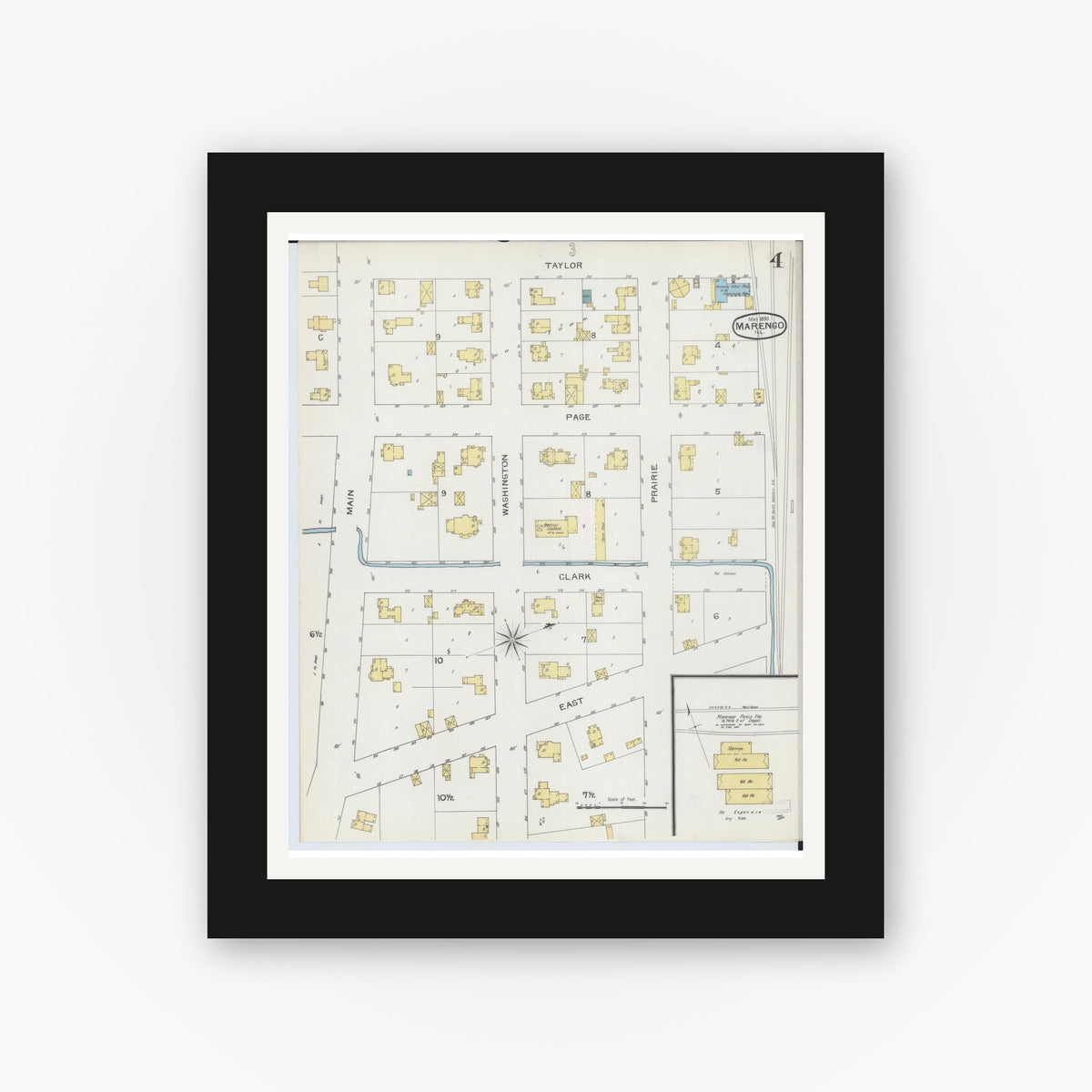Old map wall art mockup — black gallery frame with white mat — Sanborn Fire Insurance Map from Marengo, McHenry County, Illinois (1893), Sheet #0004
