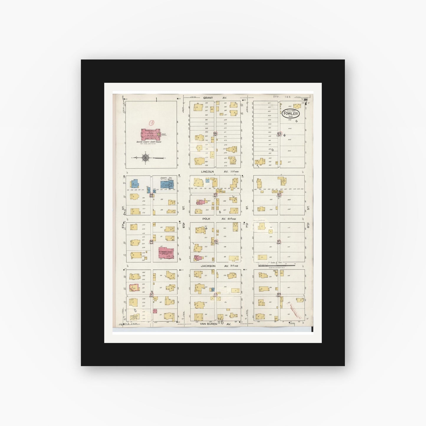 Old map wall art mockup — black gallery frame with white mat — Sanborn Fire Insurance Map from Fowler, Benton County, Indiana (1932), Sheet #0007