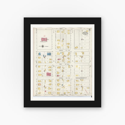 Old map wall art mockup — black gallery frame with white mat — Sanborn Fire Insurance Map from Fowler, Benton County, Indiana (1932), Sheet #0007