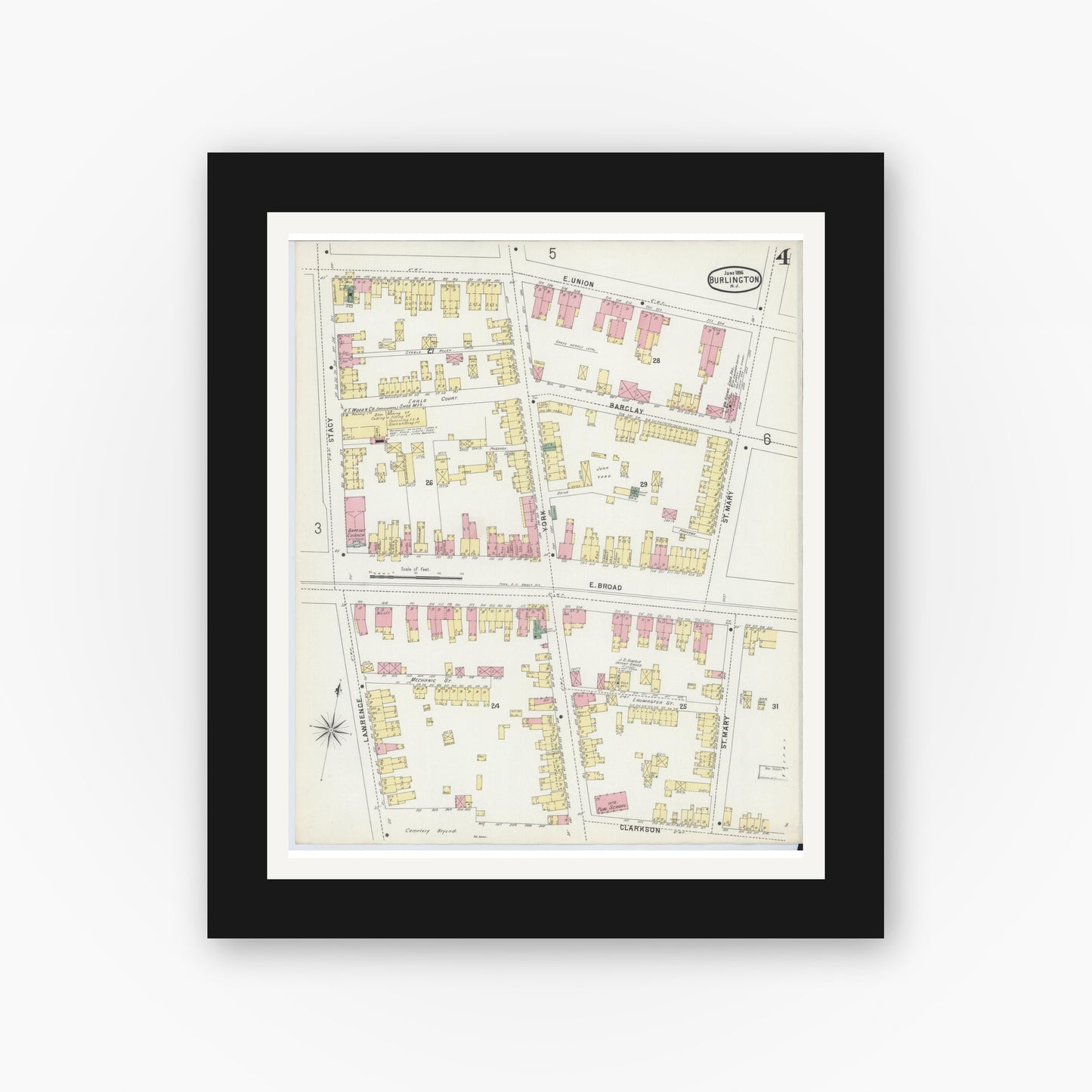 Old map wall art mockup — black gallery frame with white mat — Sanborn Fire Insurance Map from Burlington, Burlington County, New Jersey (1896), Sheet #0004