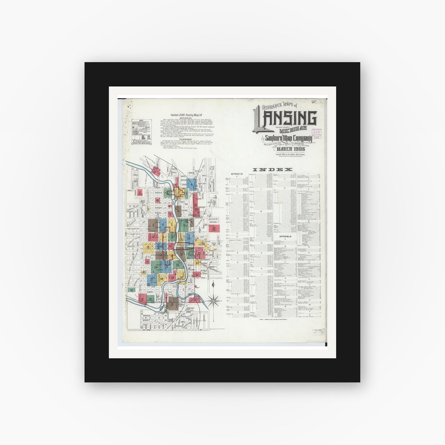 Old map wall art mockup — black gallery frame with white mat — Sanborn Fire Insurance Map from Lansing, Ingham County, Michigan (1906), Sheet #0001