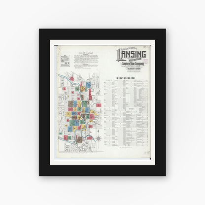 Old map wall art mockup — black gallery frame with white mat — Sanborn Fire Insurance Map from Lansing, Ingham County, Michigan (1906), Sheet #0001