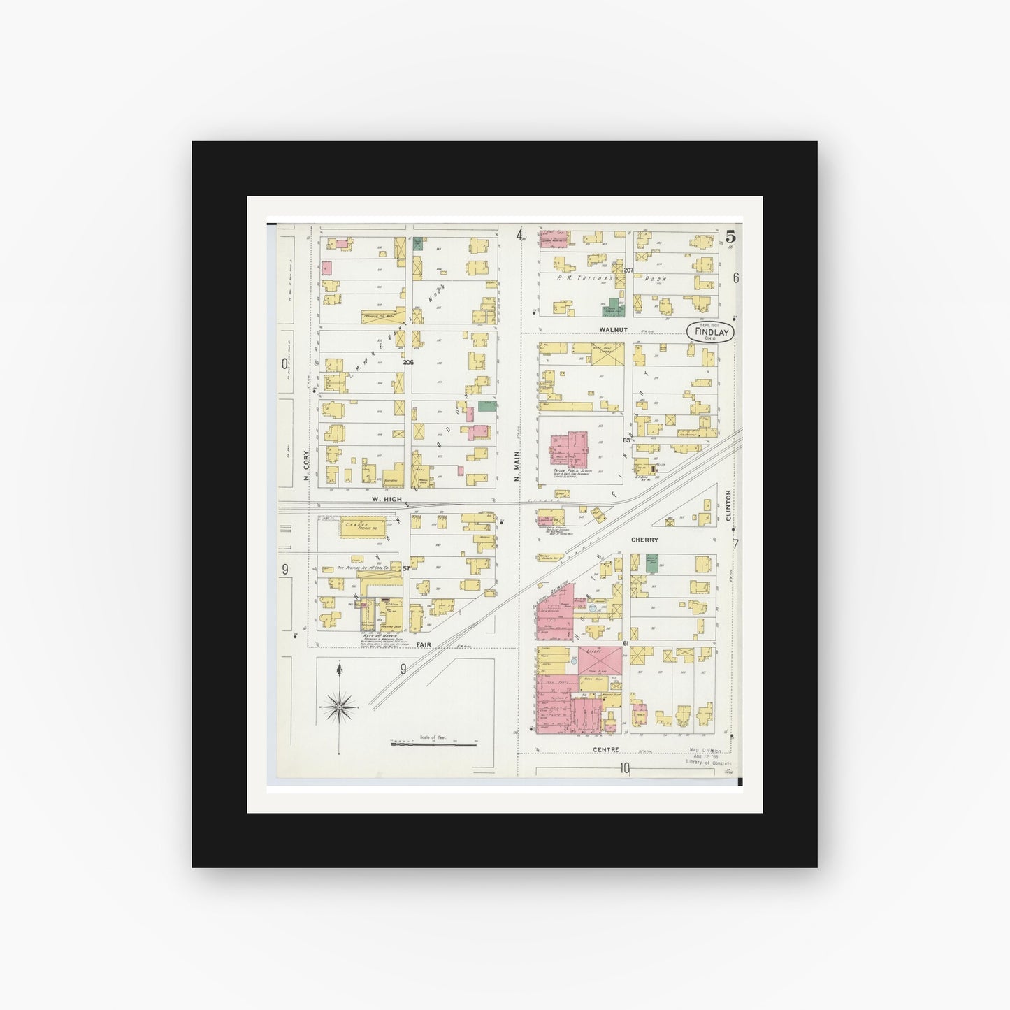 Old map wall art mockup — black gallery frame with white mat — Sanborn Fire Insurance Map from Findlay, Hancock County, Ohio (1901), Sheet #0005