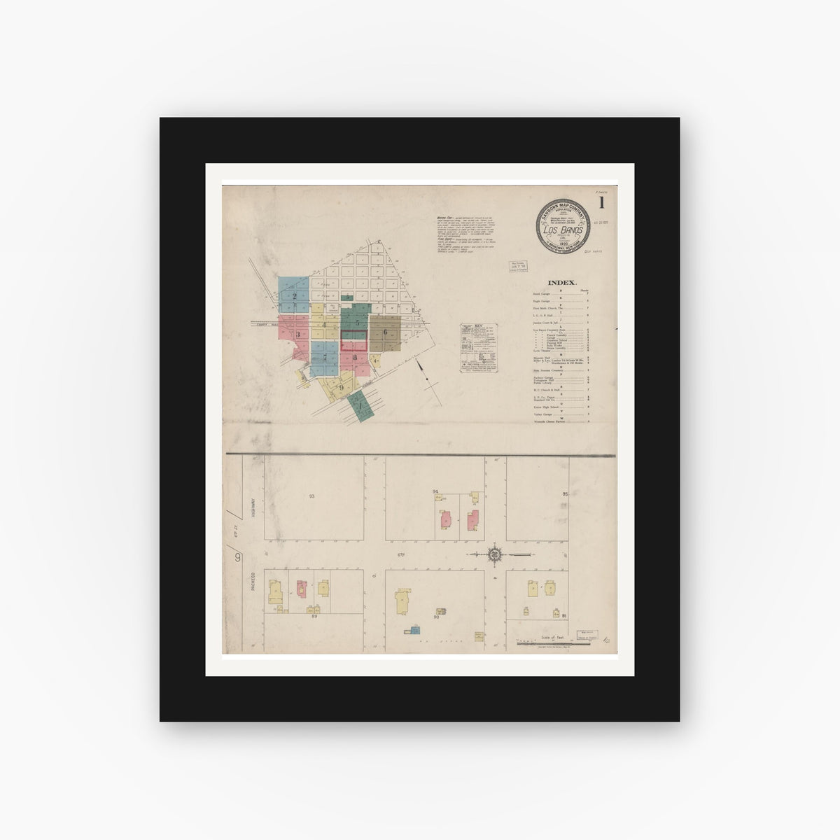 Old map wall art mockup — black gallery frame with white mat — Sanborn Fire Insurance Map from Los Banos, Merced County, California (1920) - Complete Map Set