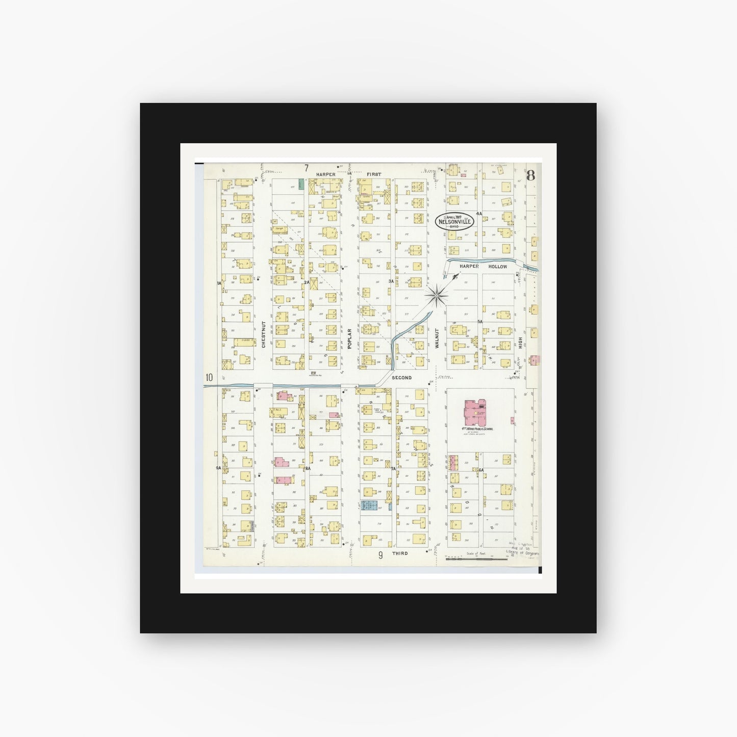 Old map wall art mockup — black gallery frame with white mat — Sanborn Fire Insurance Map from Nelsonville, Athens County, Ohio (1907), Sheet #0008