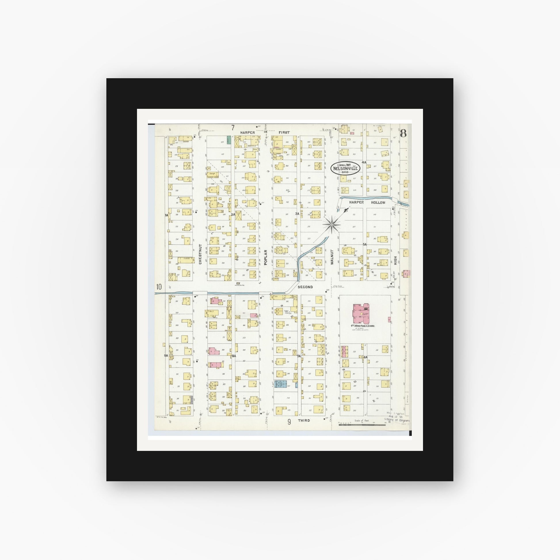 Old map wall art mockup — black gallery frame with white mat — Sanborn Fire Insurance Map from Nelsonville, Athens County, Ohio (1907), Sheet #0008