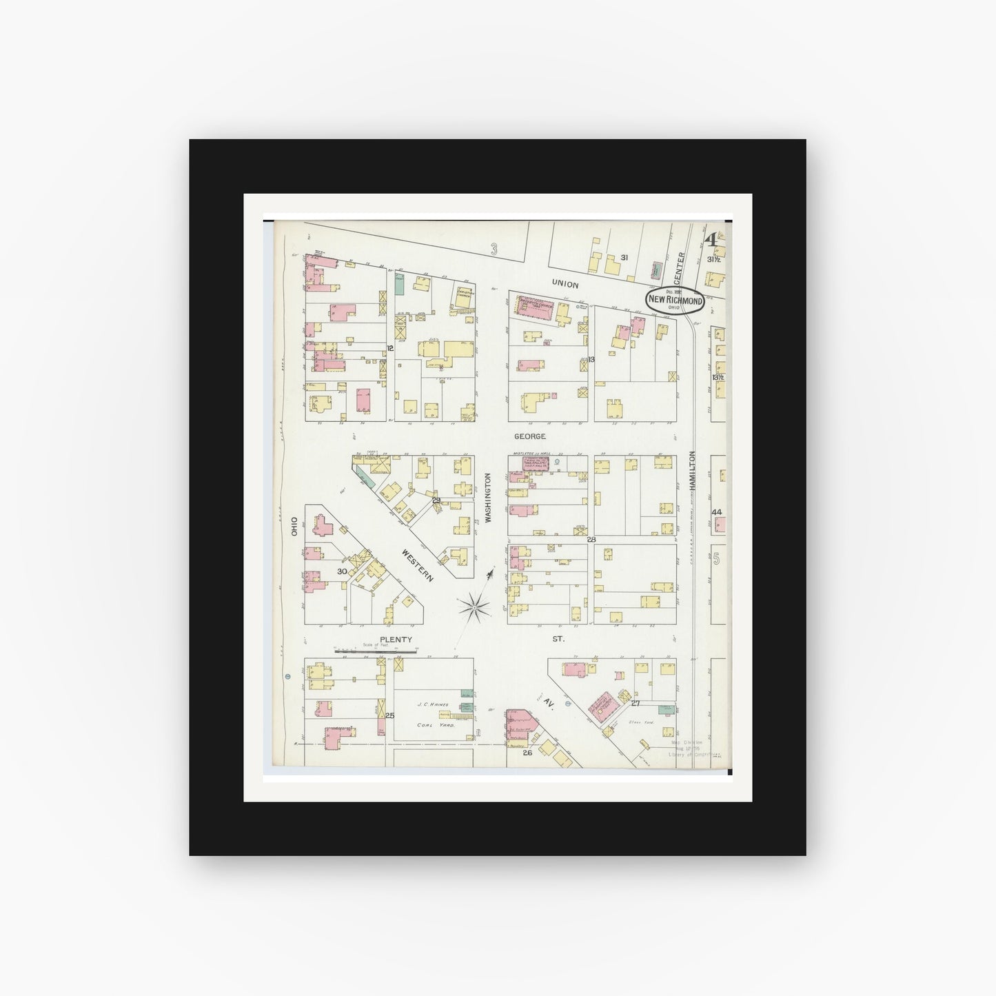 Old map wall art mockup — black gallery frame with white mat — Sanborn Fire Insurance Map from New Richmond, Clermont County, Ohio (1892), Sheet #0004