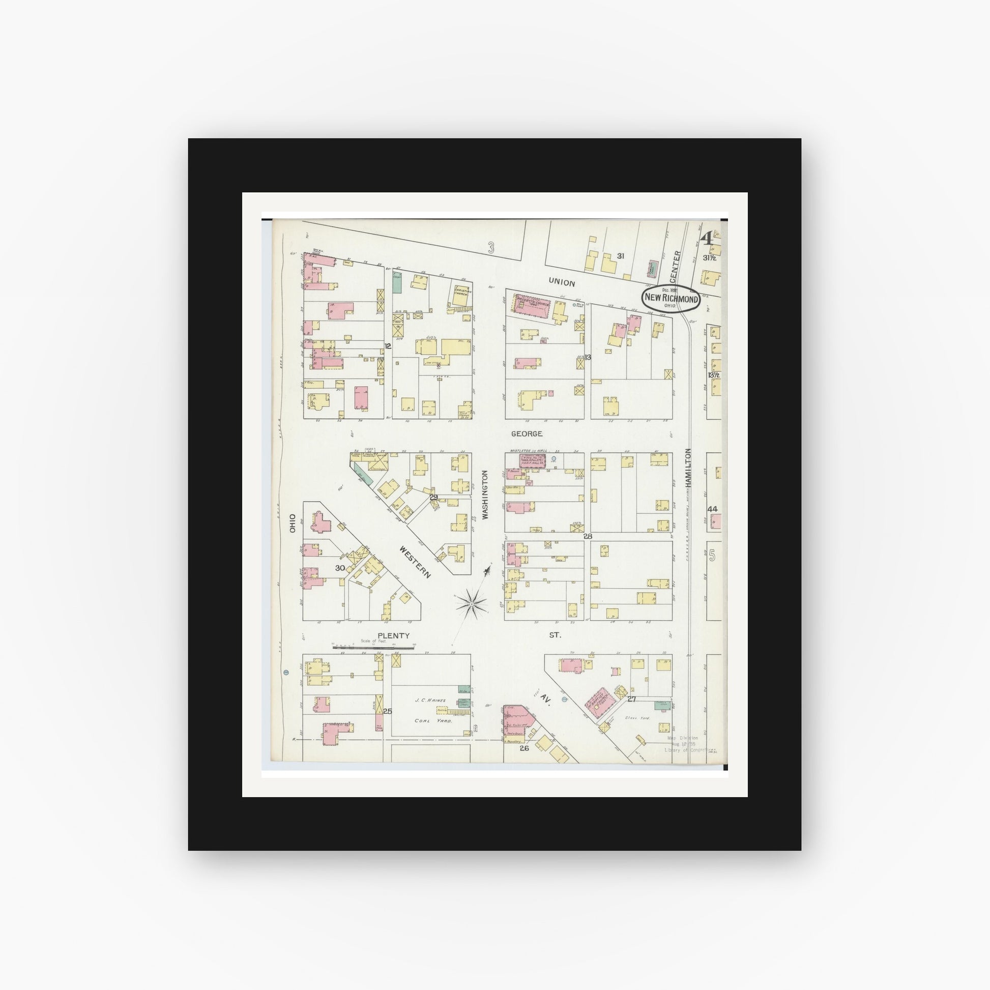 Old map wall art mockup — black gallery frame with white mat — Sanborn Fire Insurance Map from New Richmond, Clermont County, Ohio (1892), Sheet #0004