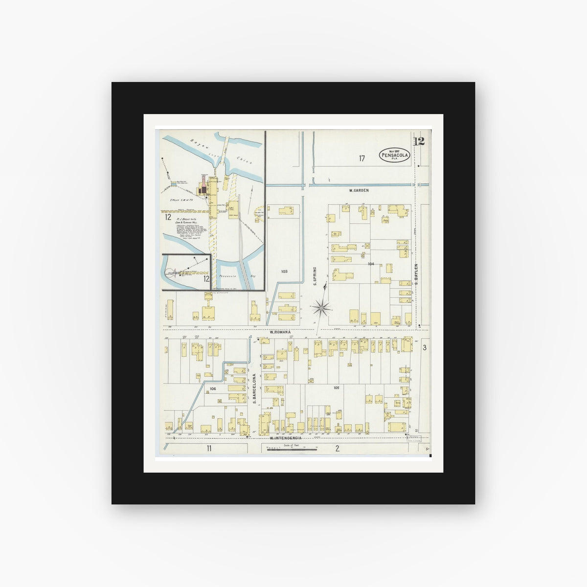 Old map wall art mockup — black gallery frame with white mat — Sanborn Fire Insurance Map from Pensacola, Escambia County, Florida (1897), Sheet #0012