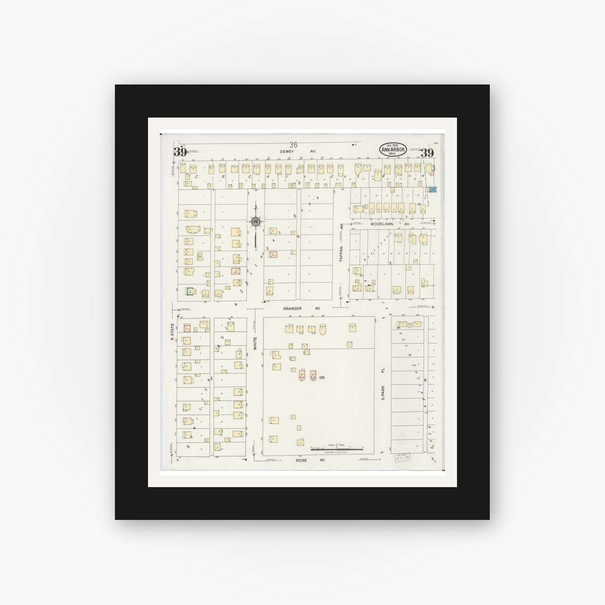 Old map wall art mockup — black gallery frame with white mat — Sanborn Fire Insurance Map from Ann Arbor, Washtenaw County, Michigan (1925), Sheet #0039