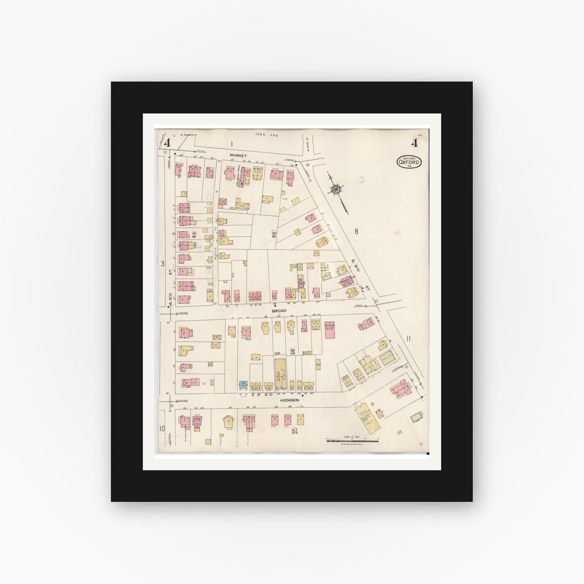 Old map wall art mockup — black gallery frame with white mat — Sanborn Fire Insurance Map from Oxford, Chester County, Pennsylvania (1940), Sheet #0004