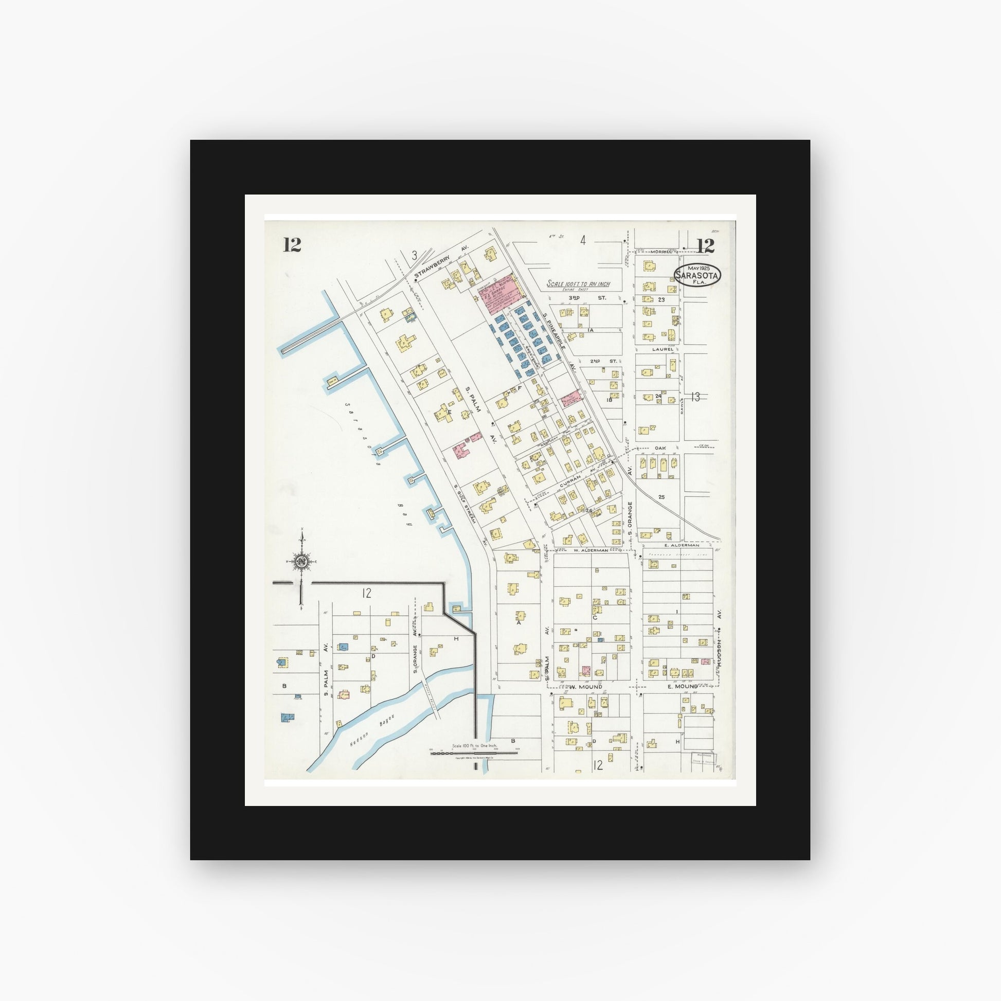 Old map wall art mockup — black gallery frame with white mat — Sanborn Fire Insurance Map from Sarasota, Sarasota County, Florida (1925), Sheet #0012