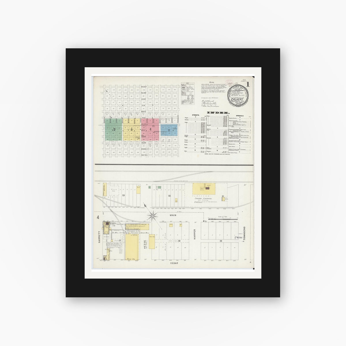 Old map wall art mockup — black gallery frame with white mat — Sanborn Fire Insurance Map from Calvert, Robertson County, Texas (1896) - Complete Map Set