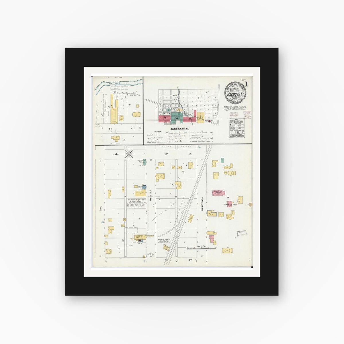 Old map wall art mockup — black gallery frame with white mat — Sanborn Fire Insurance Map from Reedsville, Manitowoc County, Wisconsin (1906) - Complete Map Set