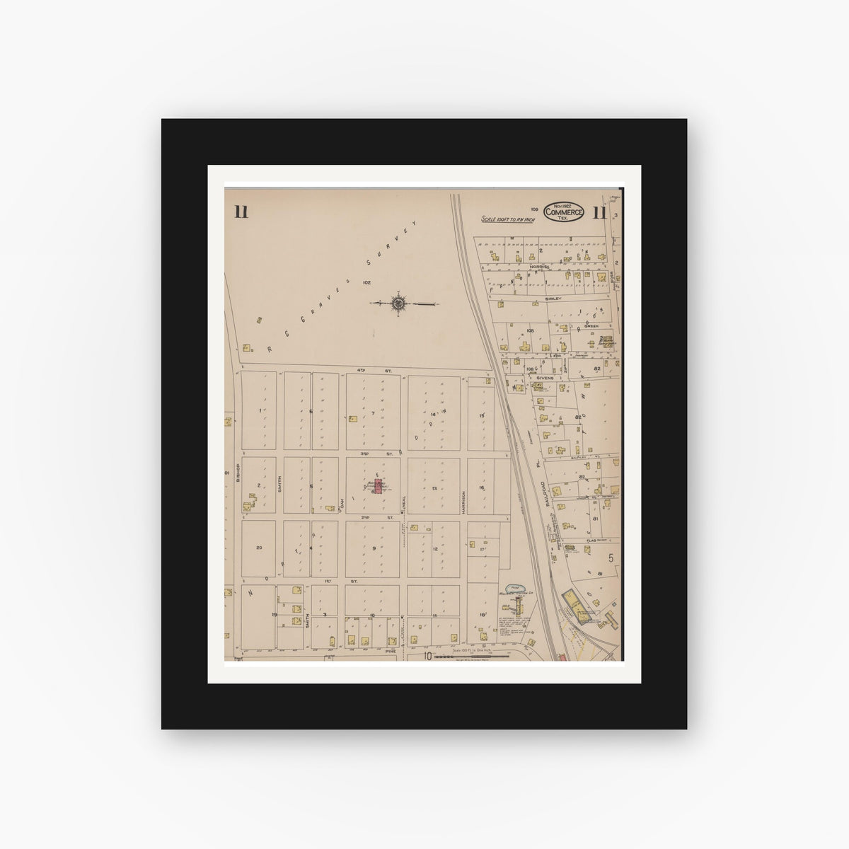 Old map wall art mockup — black gallery frame with white mat — Sanborn Fire Insurance Map from Commerce, Hunt County, Texas (1922), Sheet #0011