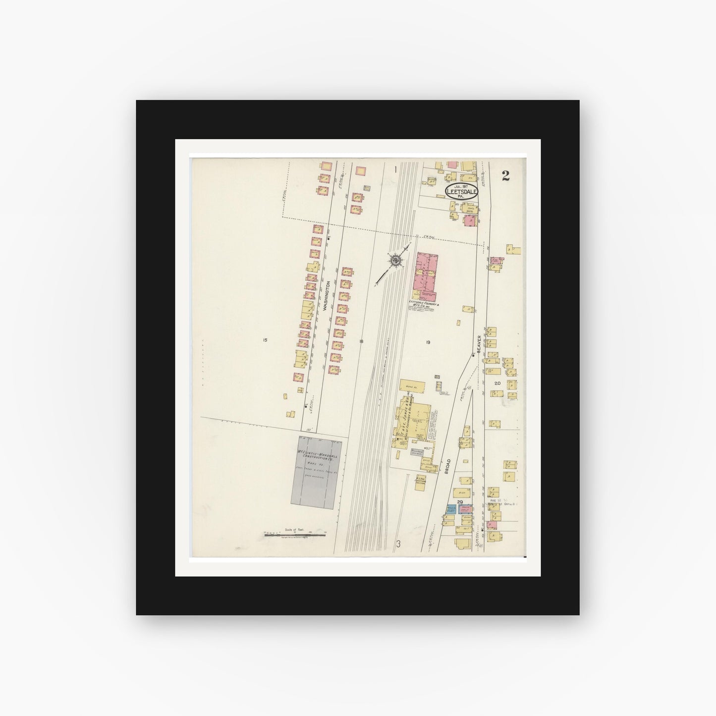 Old map wall art mockup — black gallery frame with white mat — Sanborn Fire Insurance Map from Leetsdale, Allegheny County, Pennsylvania (1917), Sheet #0002