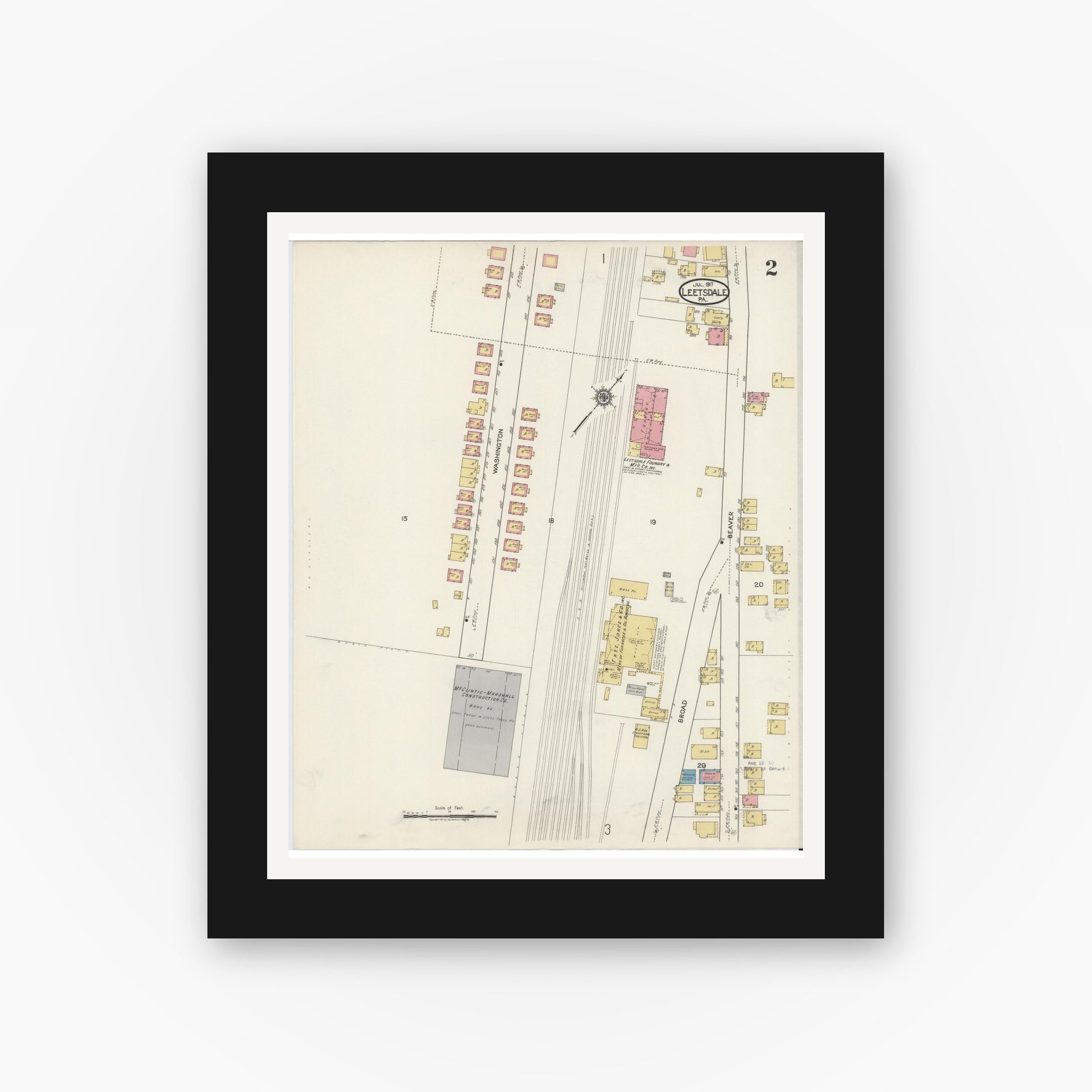 Old map wall art mockup — black gallery frame with white mat — Sanborn Fire Insurance Map from Leetsdale, Allegheny County, Pennsylvania (1917), Sheet #0002