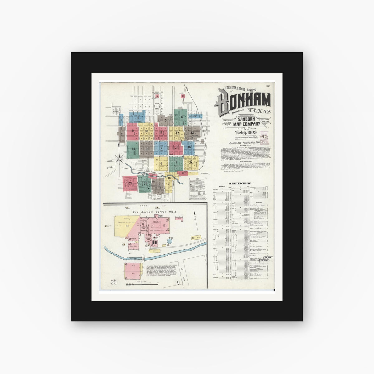 Old map wall art mockup — black gallery frame with white mat — Sanborn Fire Insurance Map from Bonham, Fannin County, Texas (1909) - Complete Map Set