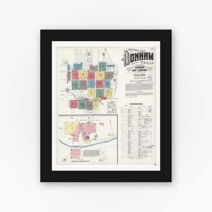 Old map wall art mockup — black gallery frame with white mat — Sanborn Fire Insurance Map from Bonham, Fannin County, Texas (1909) - Complete Map Set