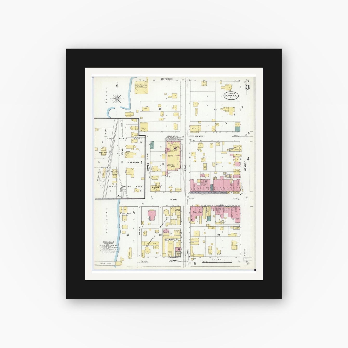 Old map wall art mockup — black gallery frame with white mat — Sanborn Fire Insurance Map from Havana, Mason County, Illinois (1909), Sheet #0003