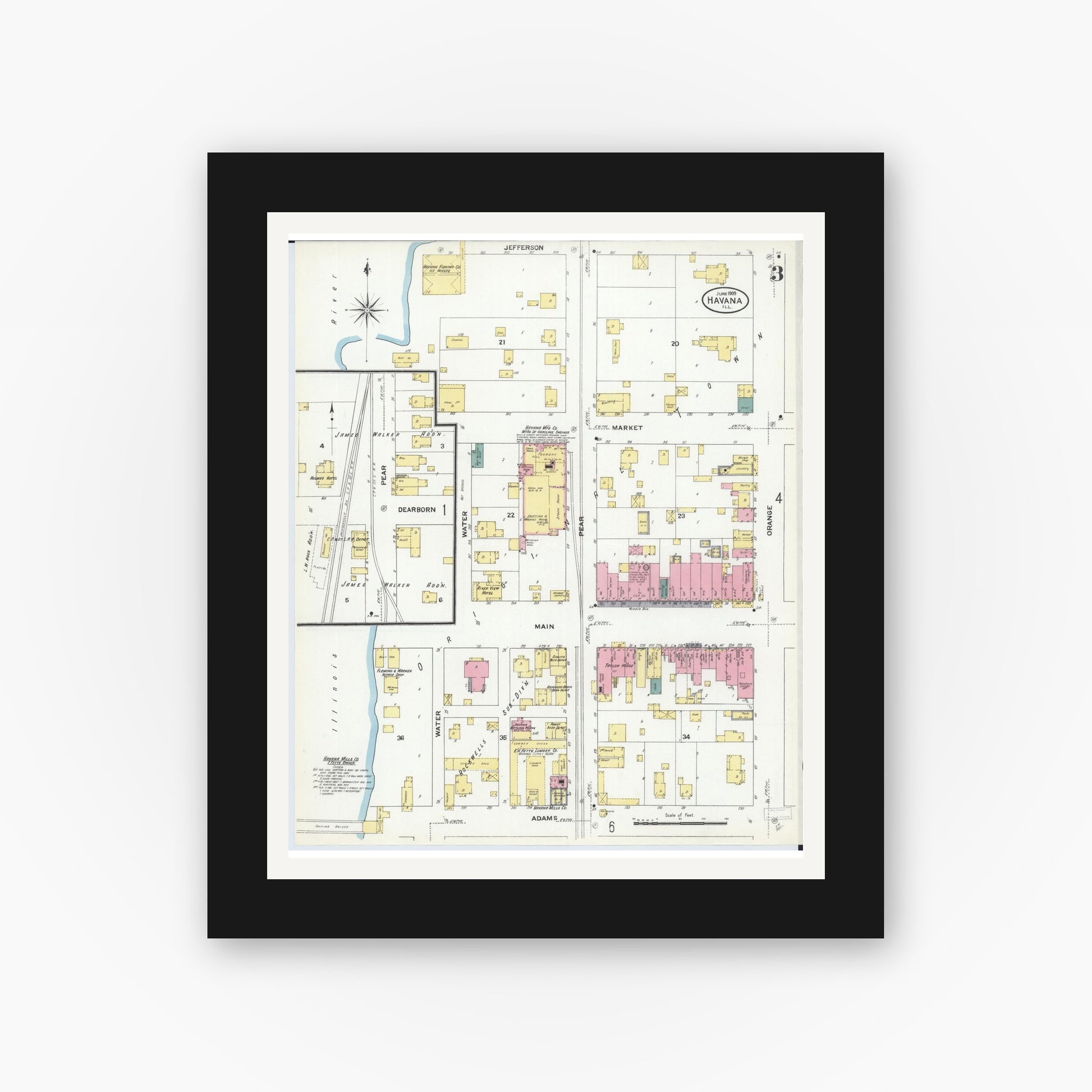 Old map wall art mockup — black gallery frame with white mat — Sanborn Fire Insurance Map from Havana, Mason County, Illinois (1909), Sheet #0003