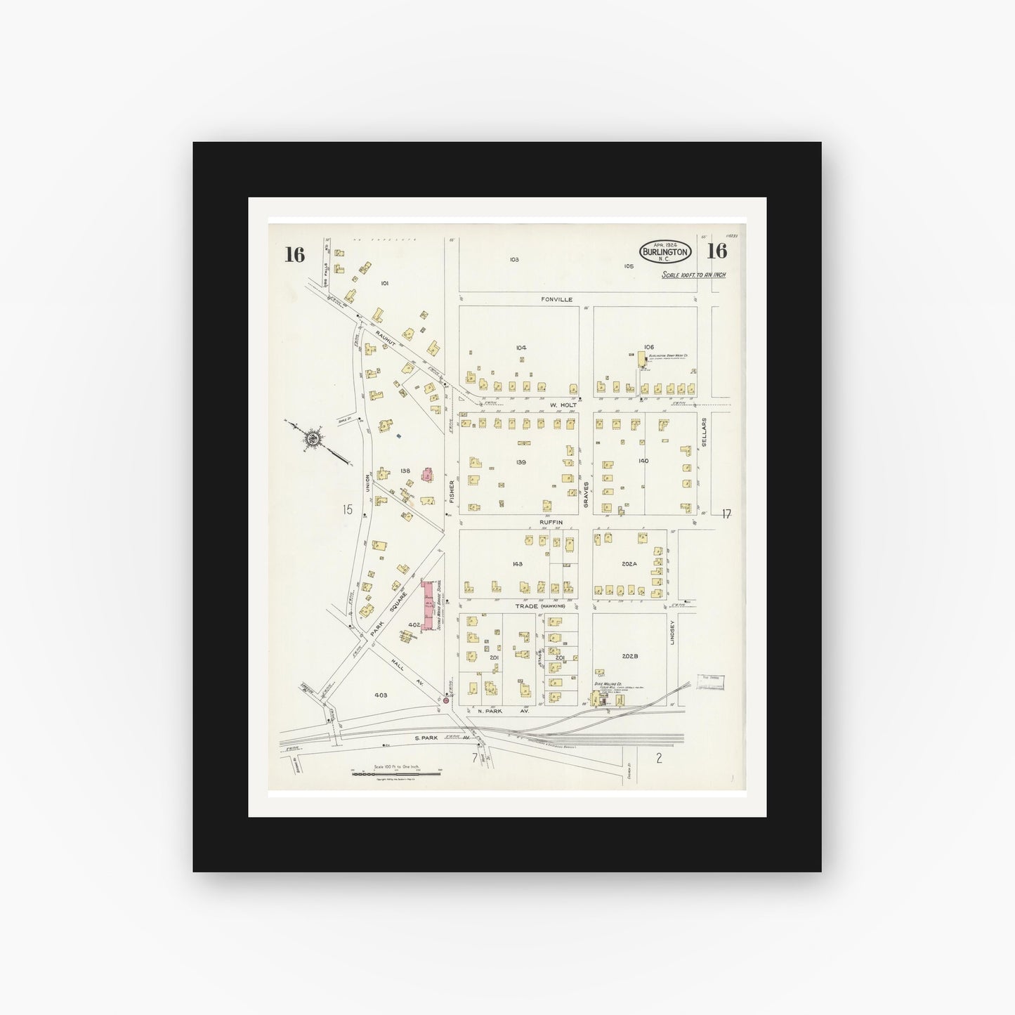 Old map wall art mockup — black gallery frame with white mat — Sanborn Fire Insurance Map from Burlington, Alamance County, North Carolina (1924), Sheet #0016