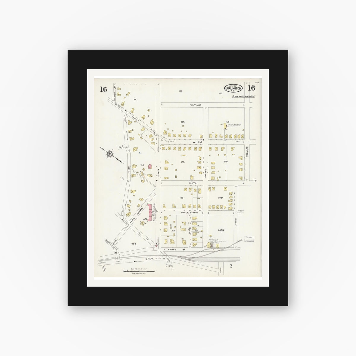 Old map wall art mockup — black gallery frame with white mat — Sanborn Fire Insurance Map from Burlington, Alamance County, North Carolina (1924), Sheet #0016