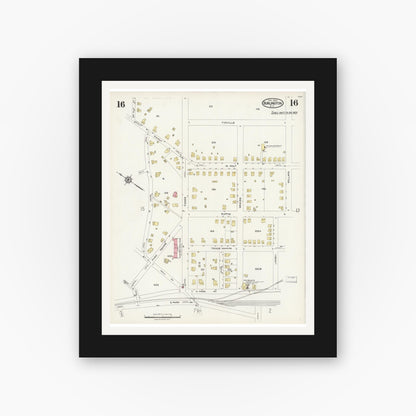 Old map wall art mockup — black gallery frame with white mat — Sanborn Fire Insurance Map from Burlington, Alamance County, North Carolina (1924), Sheet #0016