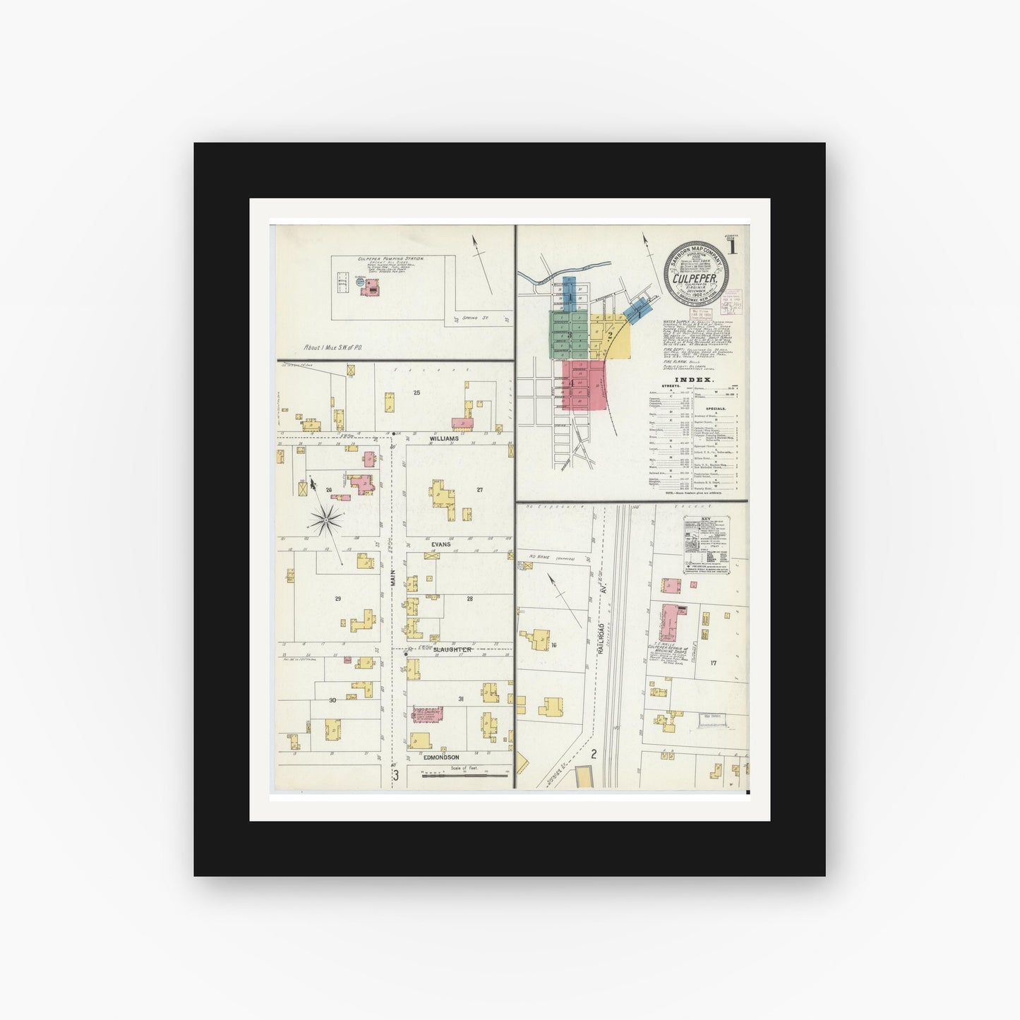 Old map wall art mockup — black gallery frame with white mat — Sanborn Fire Insurance Map from Culpeper, Culpeper County, Virginia (1902) - Complete Map Set