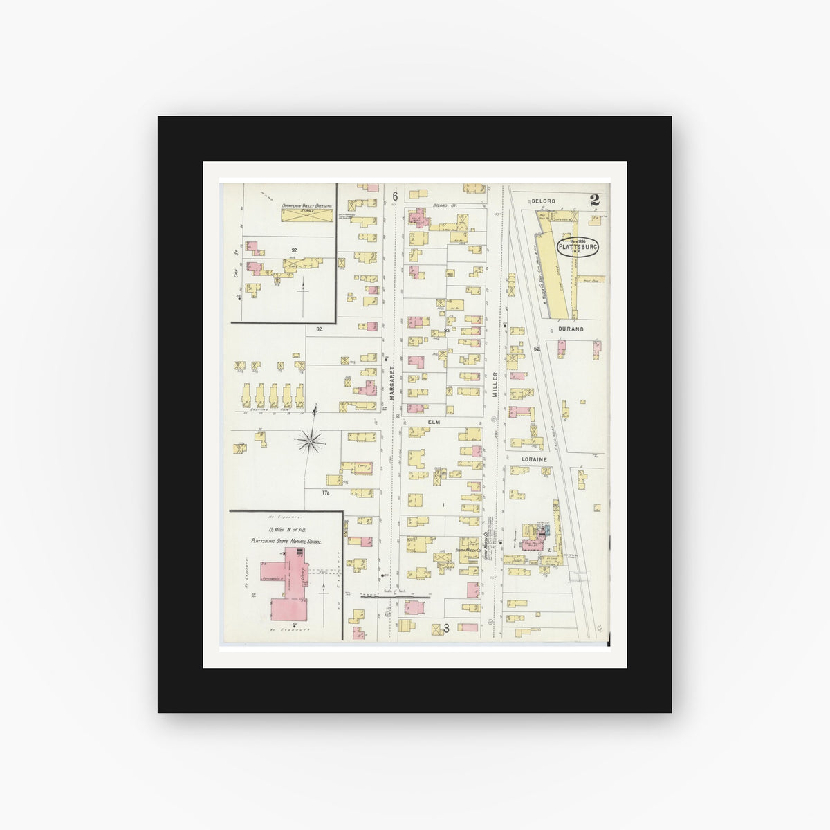 Old map wall art mockup — black gallery frame with white mat — Sanborn Fire Insurance Map from Plattsburg, Clinton County, New York (1896) - Complete Map Set
