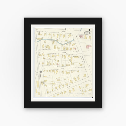Old map wall art mockup — black gallery frame with white mat — Sanborn Fire Insurance Map from Clinton, Lenawee County, Michigan (1912), Sheet #0004