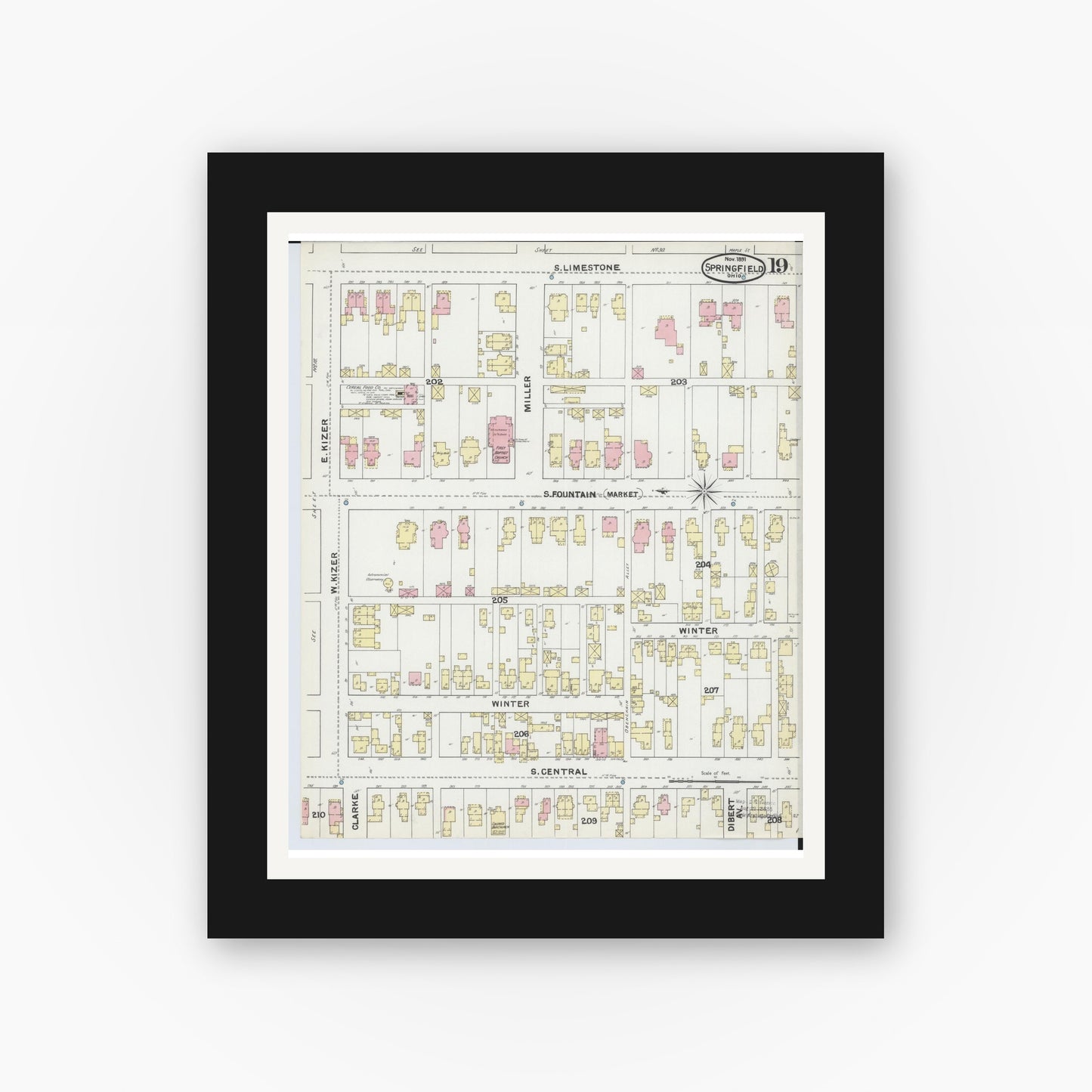 Old map wall art mockup — black gallery frame with white mat — Sanborn Fire Insurance Map from Springfield, Clark County, Ohio (1891), Sheet #0019