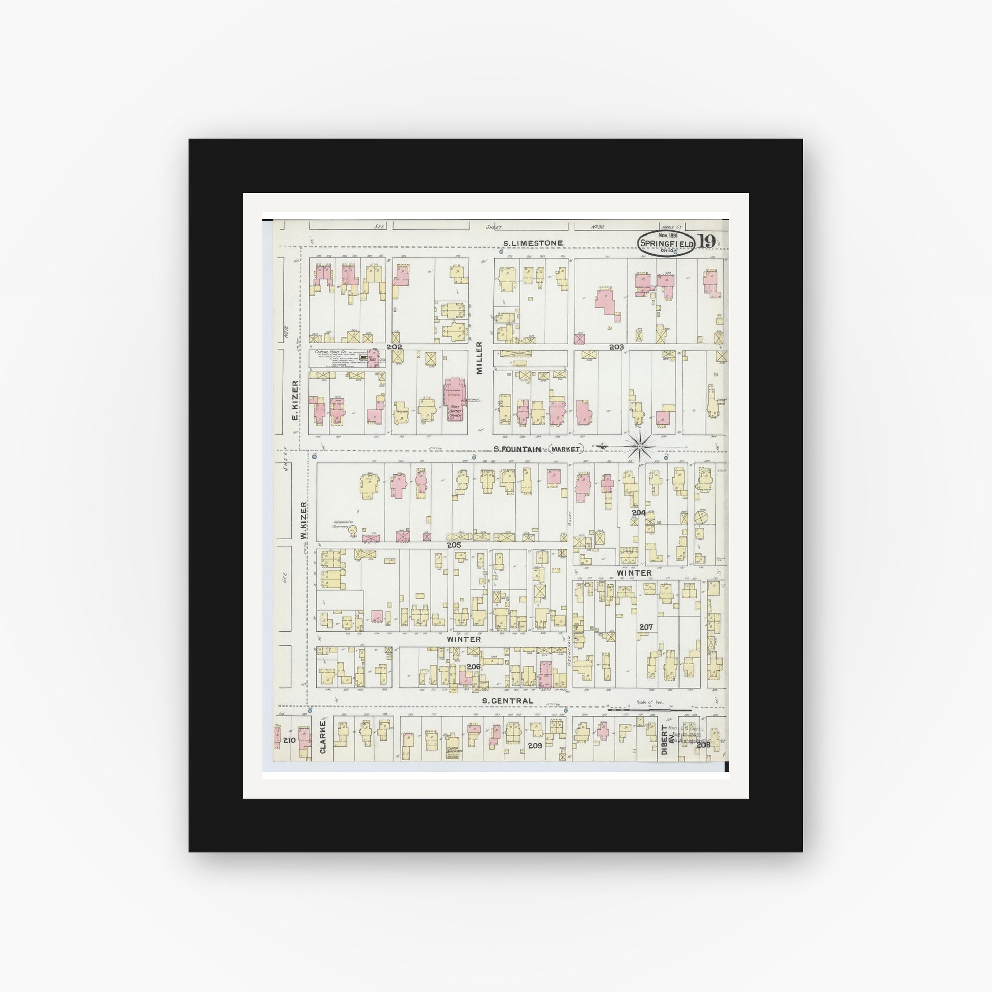 Old map wall art mockup — black gallery frame with white mat — Sanborn Fire Insurance Map from Springfield, Clark County, Ohio (1891), Sheet #0019