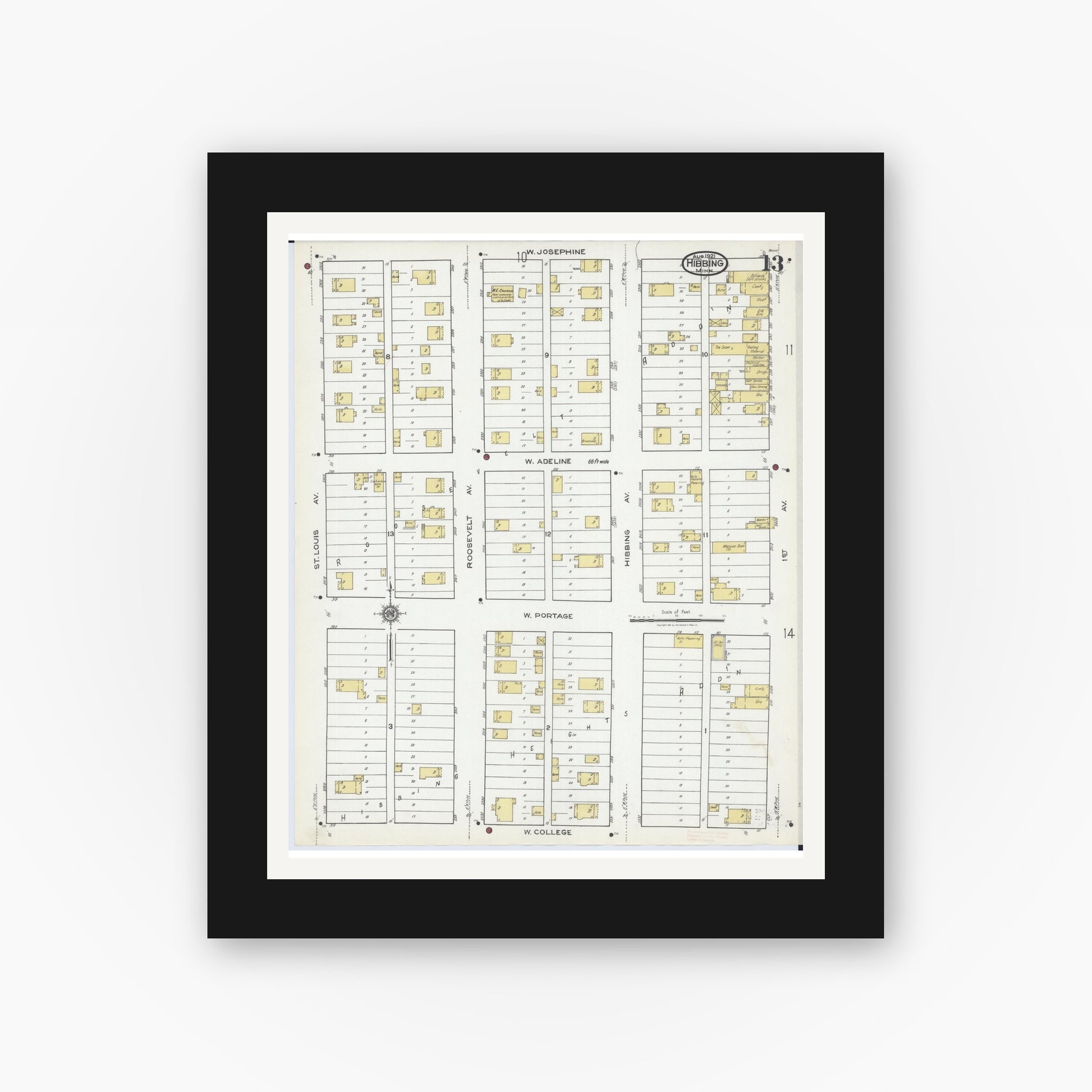 Old map wall art mockup — black gallery frame with white mat — Sanborn Fire Insurance Map from Hibbing, Saint Louis County, Minnesota (1921), Sheet #0013