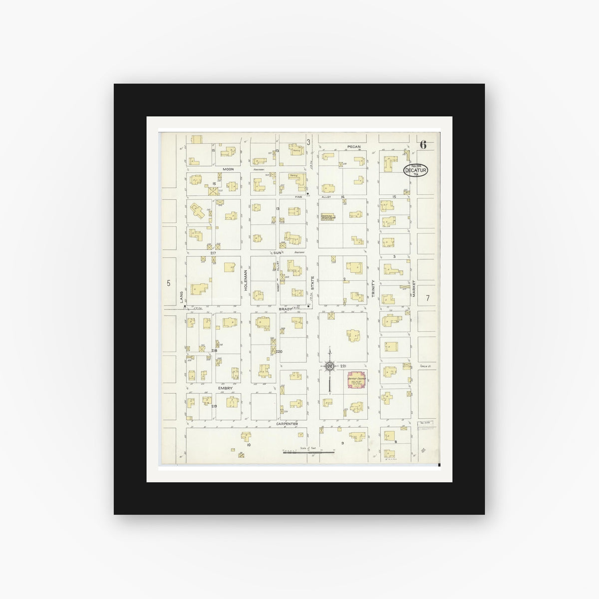 Old map wall art mockup — black gallery frame with white mat — Sanborn Fire Insurance Map from Decatur, Wise County, Texas (1914), Sheet #0006
