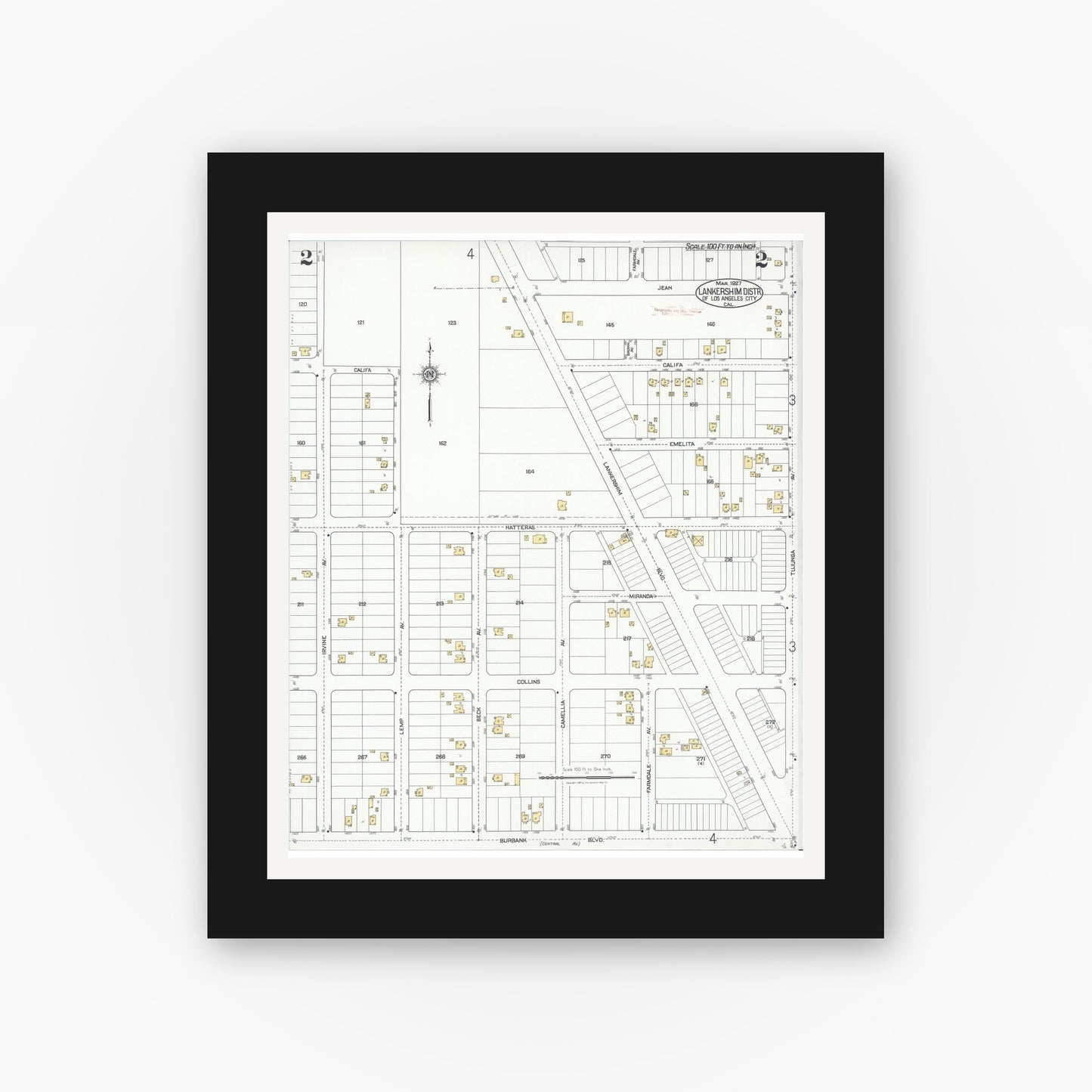 Old map wall art mockup — black gallery frame with white mat — Sanborn Fire Insurance Map from Lankershim, Los Angeles County, California (1927), Sheet #0002