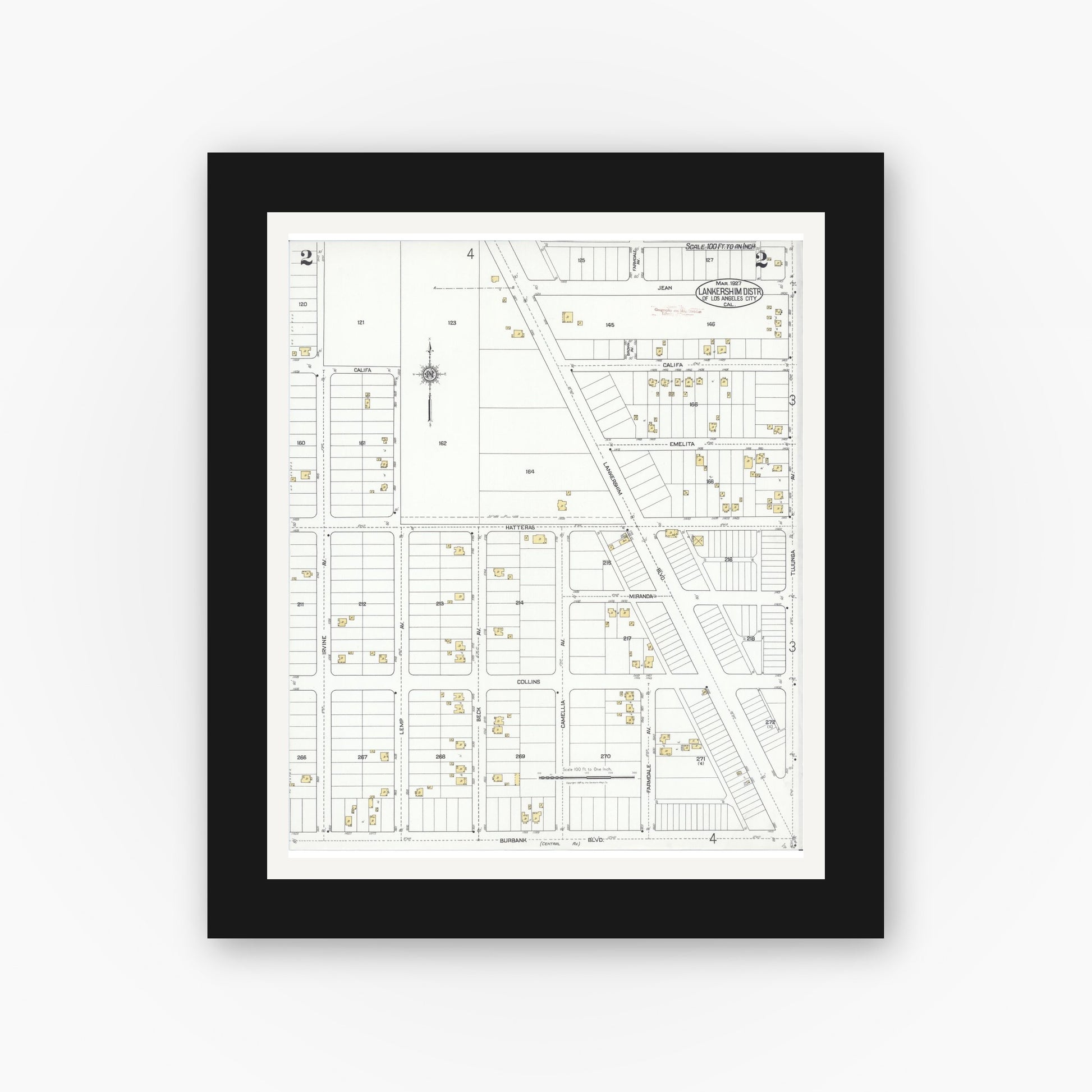 Old map wall art mockup — black gallery frame with white mat — Sanborn Fire Insurance Map from Lankershim, Los Angeles County, California (1927), Sheet #0002