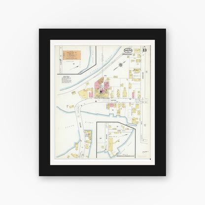 Old map wall art mockup — black gallery frame with white mat — Sanborn Fire Insurance Map from Danvers, Essex County, Massachusetts (1916), Sheet #0013