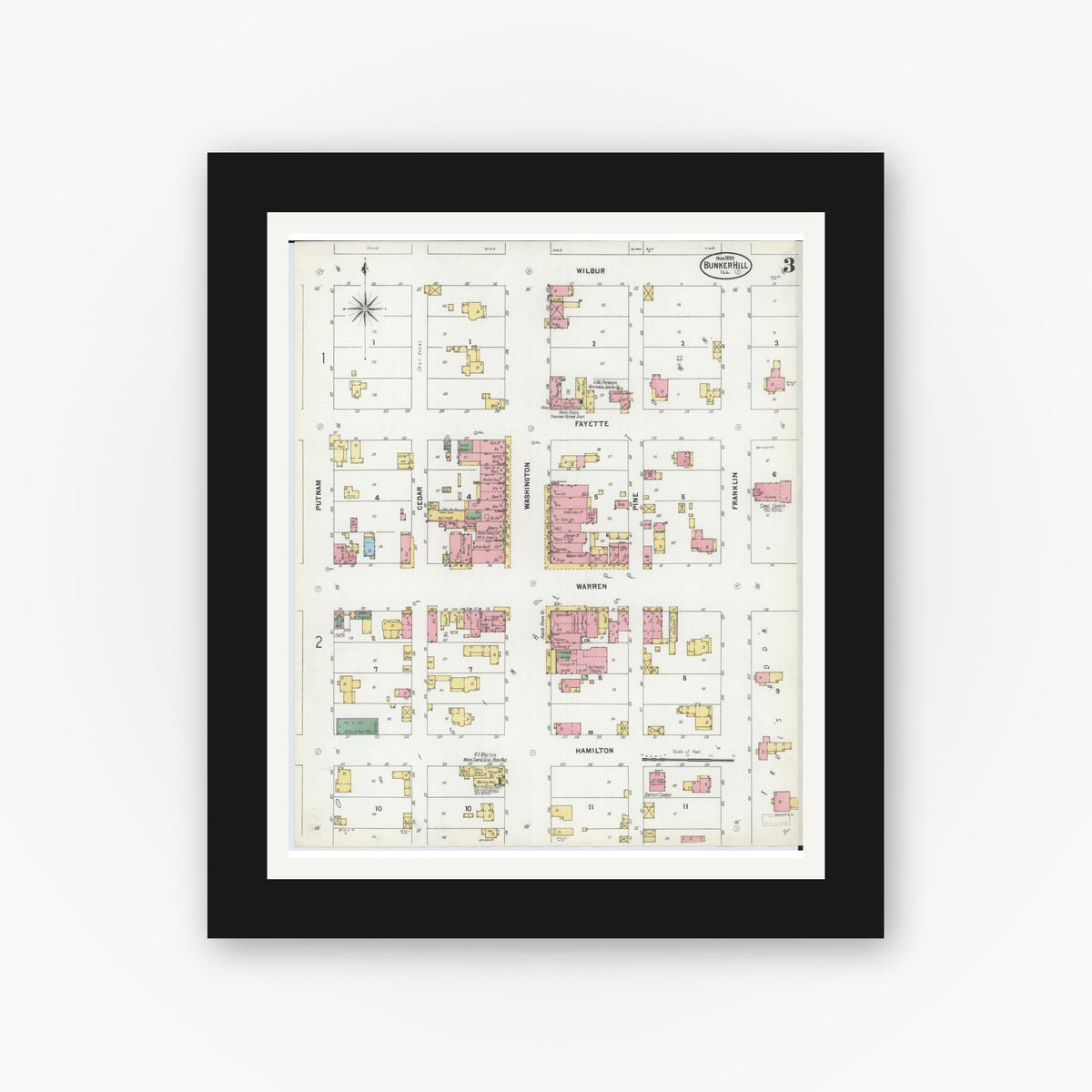 Old map wall art mockup — black gallery frame with white mat — Sanborn Fire Insurance Map from Bunker Hill, Macoupin County, Illinois (1899), Sheet #0003