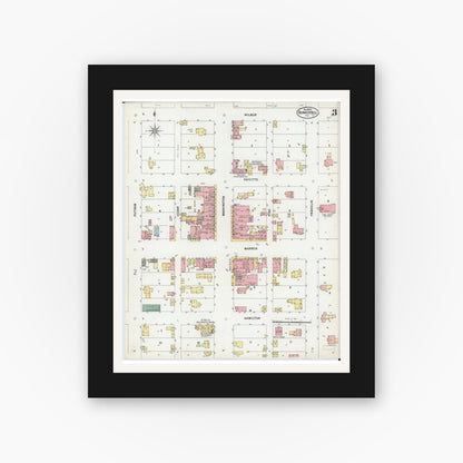 Old map wall art mockup — black gallery frame with white mat — Sanborn Fire Insurance Map from Bunker Hill, Macoupin County, Illinois (1899), Sheet #0003