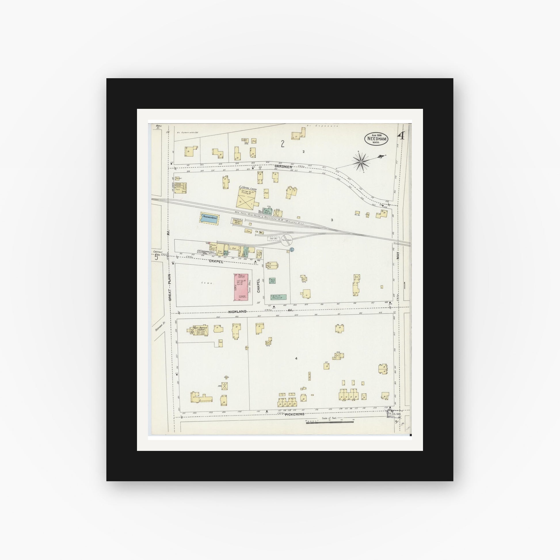 Old map wall art mockup — black gallery frame with white mat — Sanborn Fire Insurance Map from Needham, Norfolk County, Massachusetts (1906), Sheet #0004