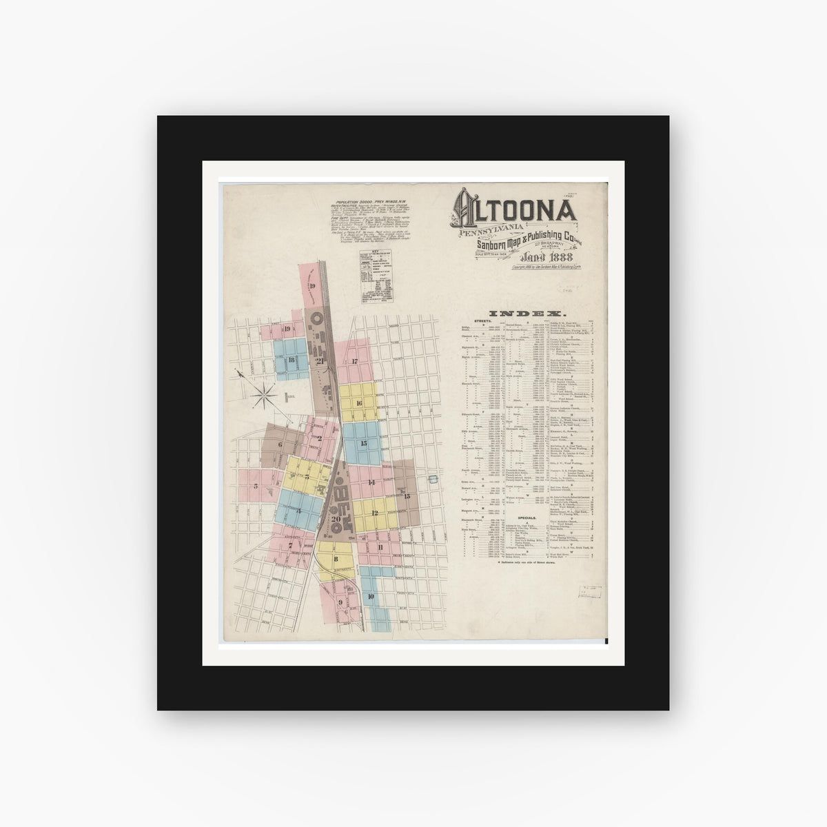 Old map wall art mockup — black gallery frame with white mat — Sanborn Fire Insurance Map from Altoona, Blair County, Pennsylvania (1888) - Complete Map Set
