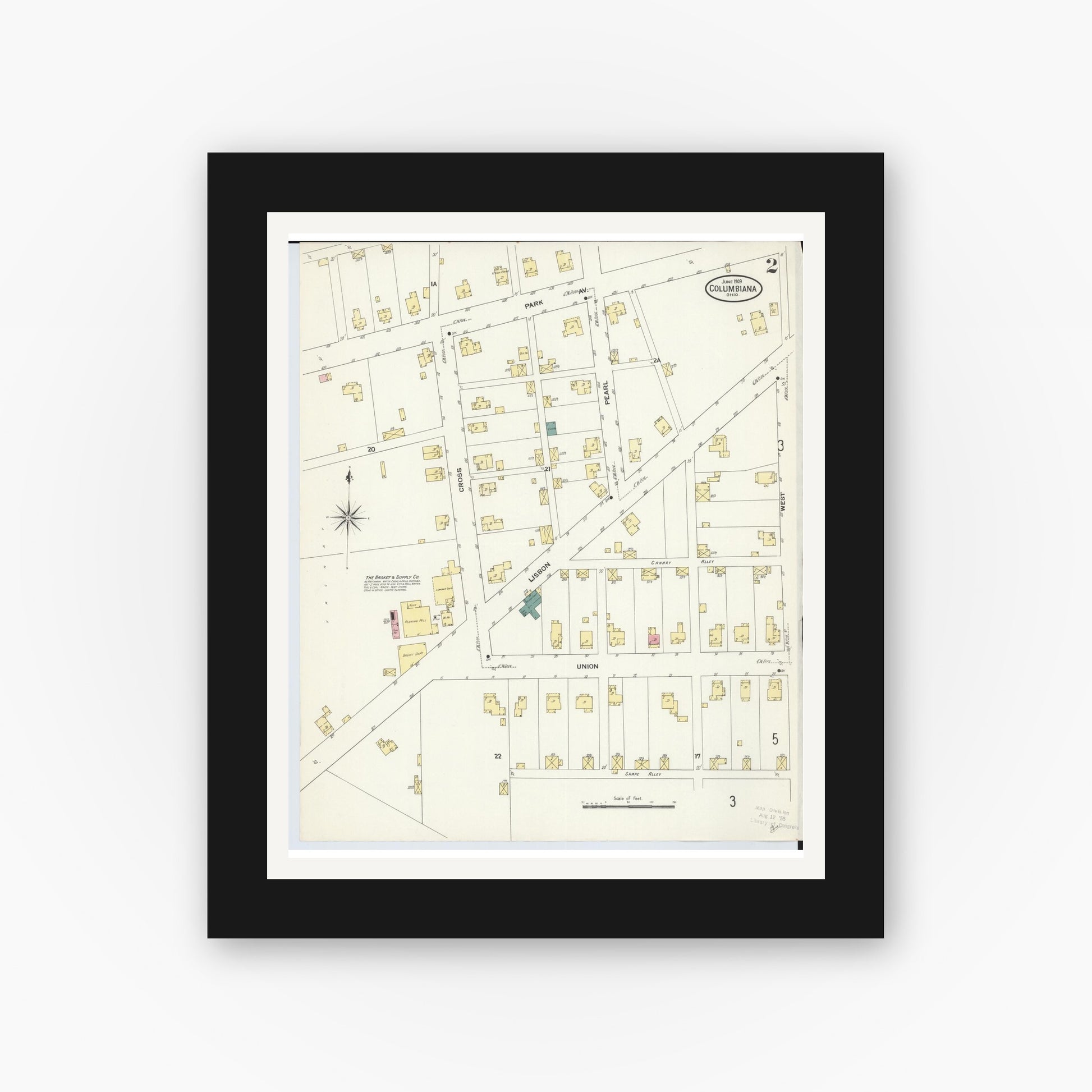 Old map wall art mockup — black gallery frame with white mat — Sanborn Fire Insurance Map from Columbiana, Columbiana County, Ohio (1909), Sheet #0002